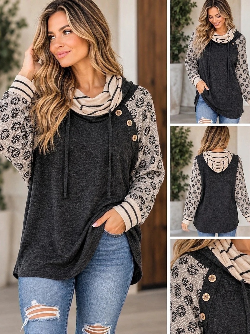 BiBi Animal Print Sleeve Cowl Neck Tunic in Black & Pink